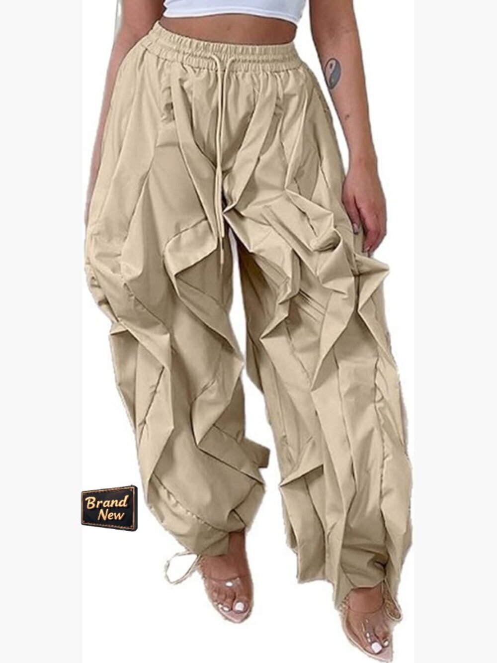 Baggy Cargo Pants with Ruffle Patchwork, Drawstring Waist